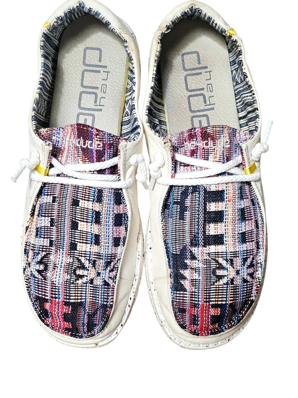Hey Dude Boho Distressed Azca Sneakers in White with Multi Woven Accents - Picture 8 of 9